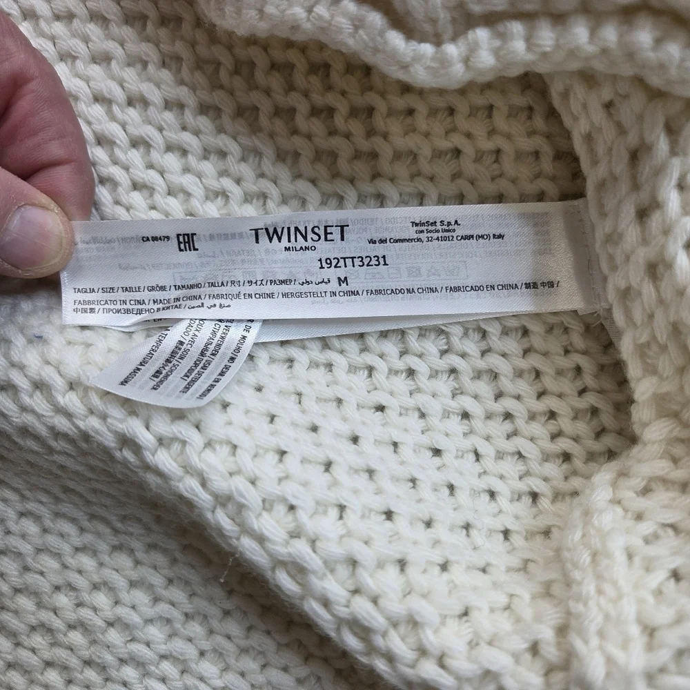 NWT Twinset‎ Milano Fringe Knit Sweater M Ivory Chunky Cable Knit Cowl Neck